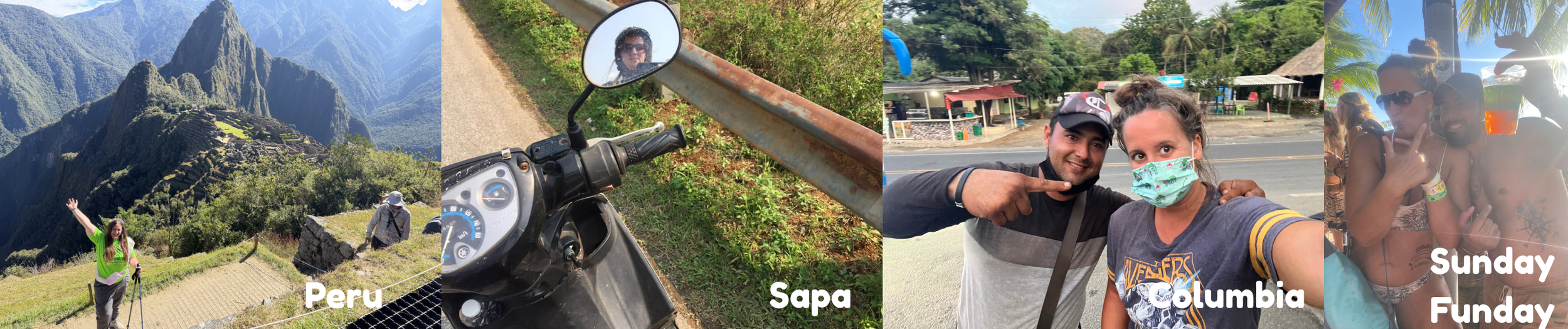 Four-photo collage showing the stories behind memorable travel moments: hiking to Machu Picchu in Peru, a motorbike breakdown in Sapa, meeting a local after having a wallet stolen in Colombia, and enjoying Sunday Funday in Nicaragua.