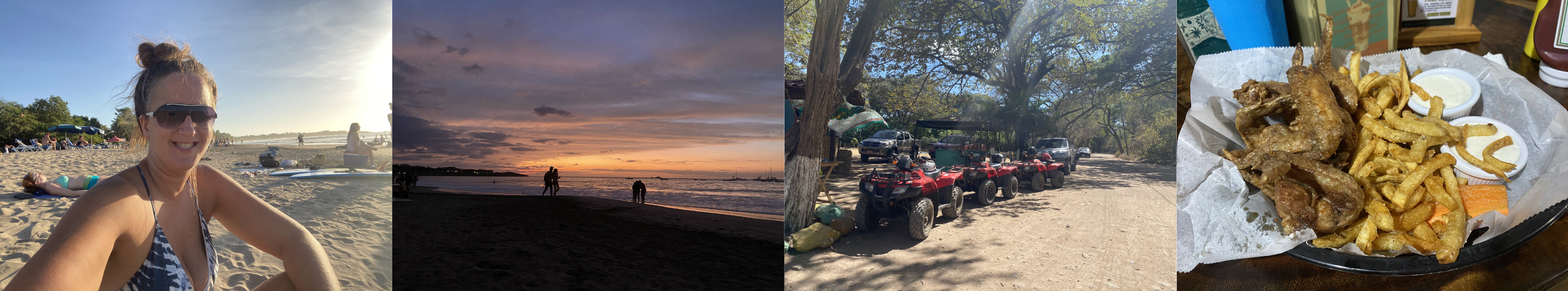 A collage of four photos from Tamarindo, Costa Rica, showing a traveller relaxing on the beach, a Pacific sunset, ATVs parked after a tour, and a meal of chicken wings and fries before leaving for the next destination.