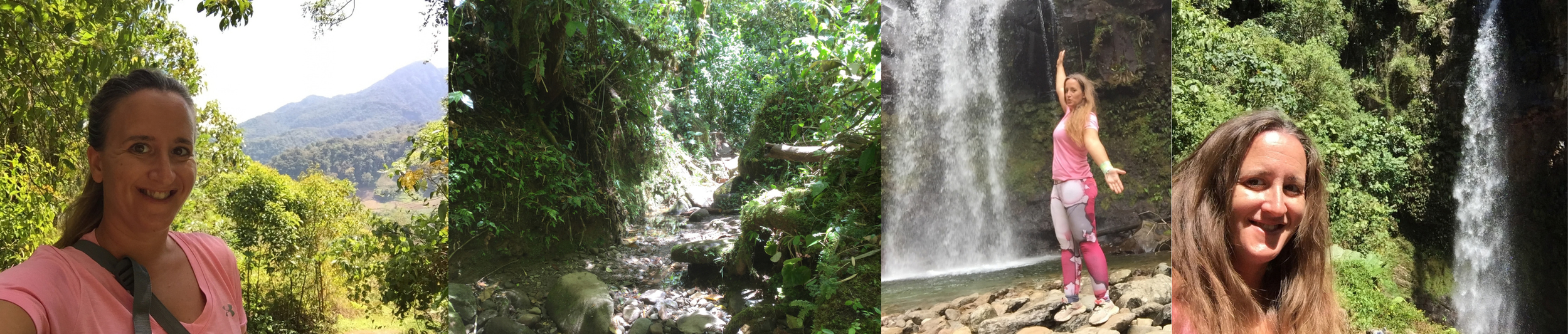 A collage of mountain views, a forest trail and me posing beside waterfalls along the Lost Waterfalls Trail in Boquete, Panama.
