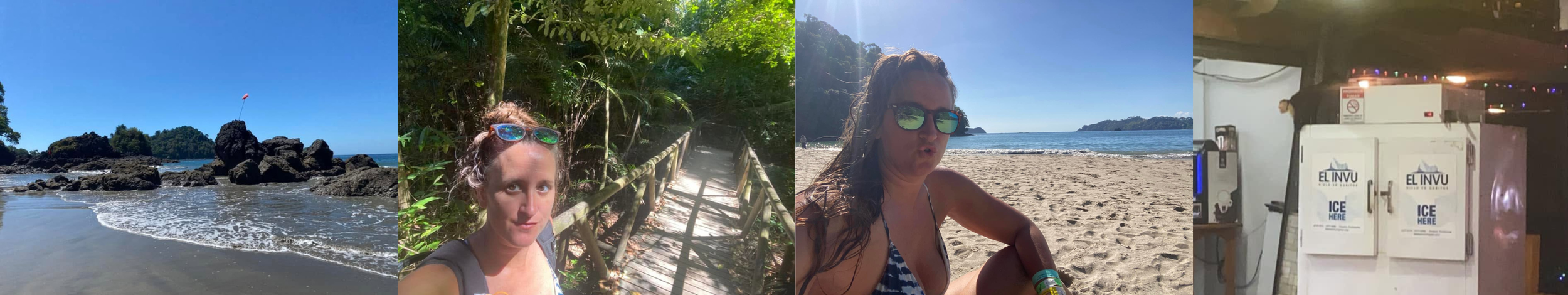 Four-photo collage showing Espadilla Beach, a woman on a rainforest boardwalk, a woman sitting on Manuel Antonio Beach, and a monkey climbing on an ice cooler outside a store.