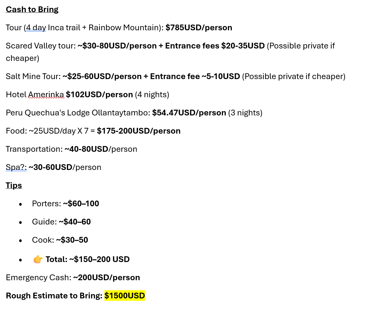 Travel budget breakdown for a trip to Peru showing estimated costs for tours, hotels, food, transportation, tips and emergency cash.