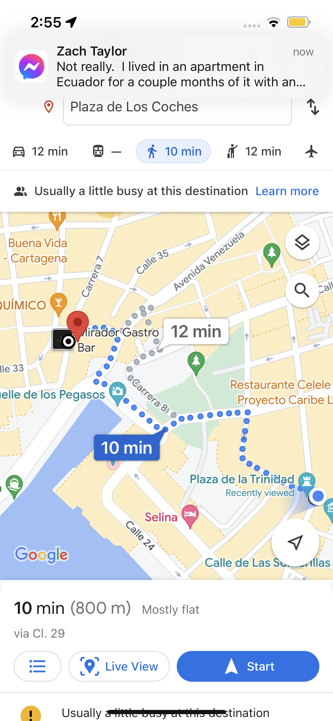 Google Maps walking directions on a smartphone showing a route through Cartagena, Colombia, illustrating the benefits of using offline maps while traveling.