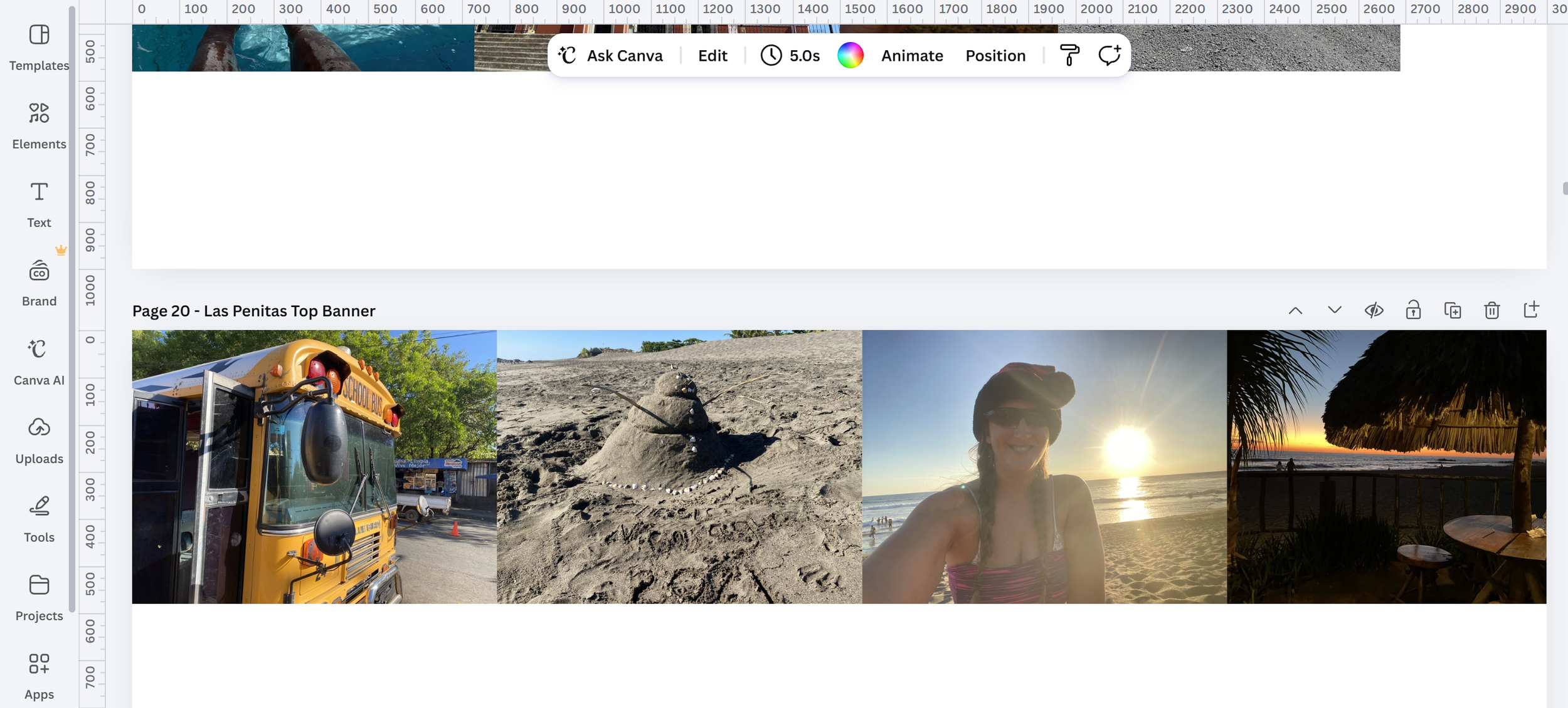 Behind-the-scenes view of a travel blog being designed in Canva, showing a page layout with travel photos and website graphics during the editing process.