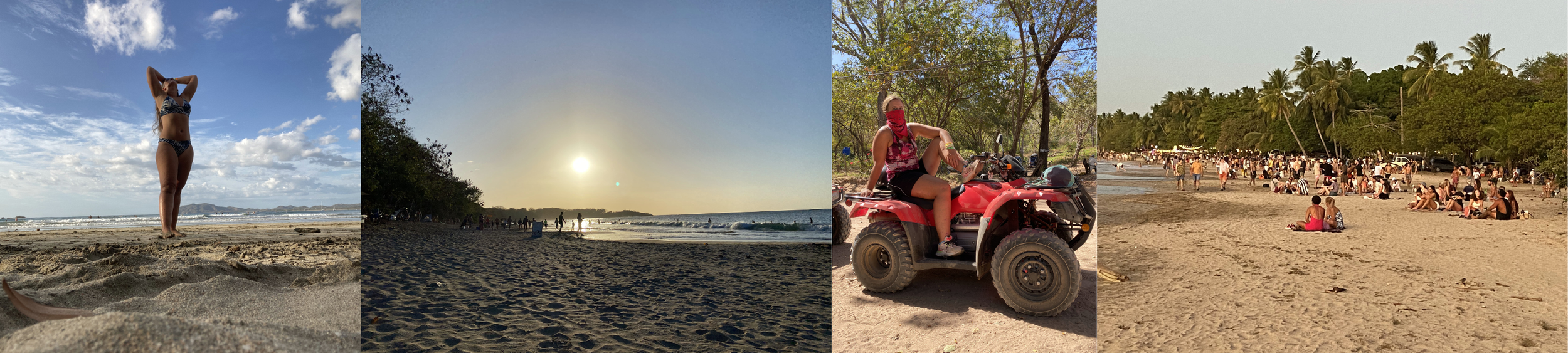 A collage of four photos from Tamarindo, Costa Rica, featuring a traveller relaxing on the beach, a Pacific sunset, an ATV tour, and the lively shoreline.