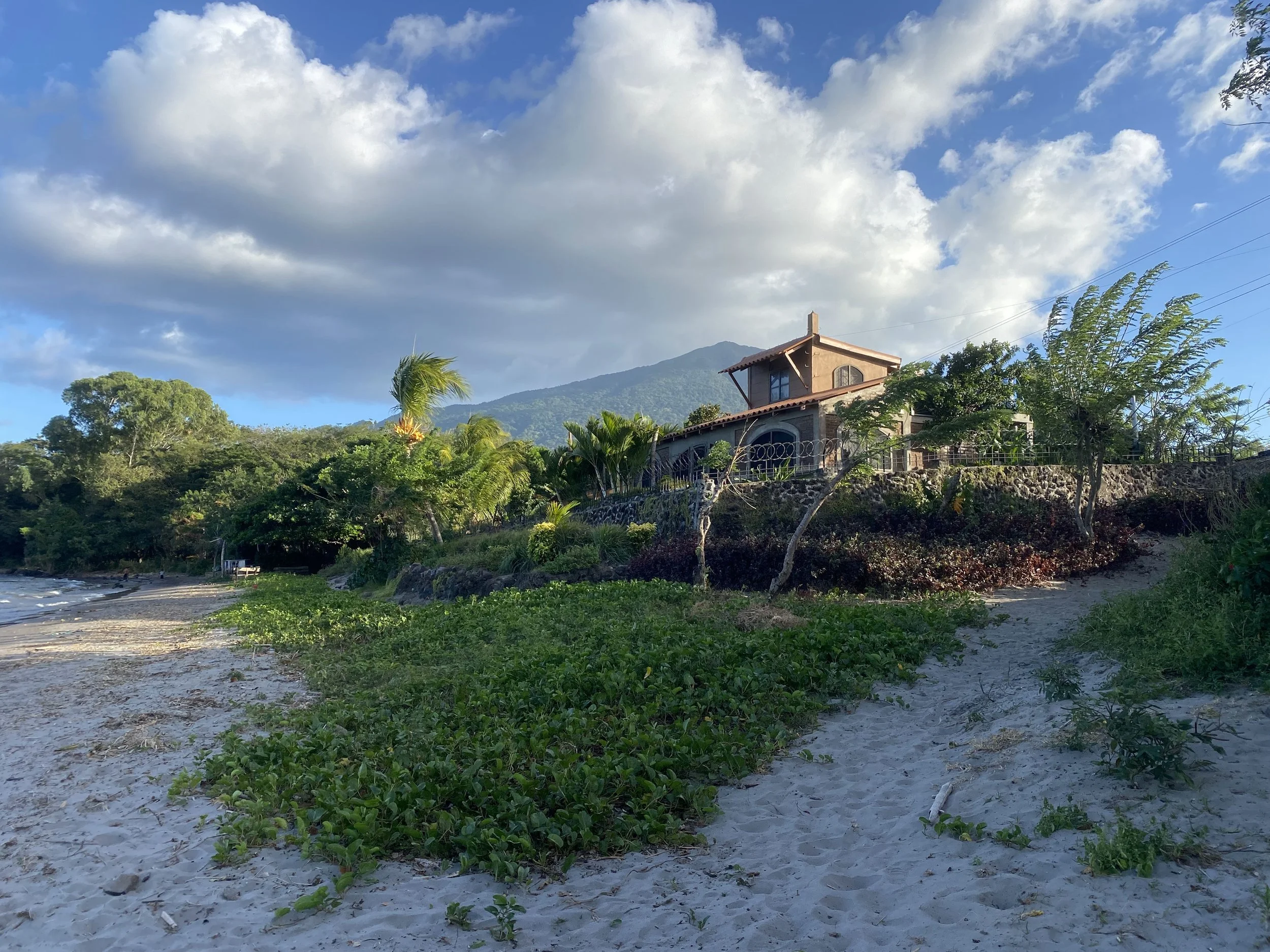 Beachfront hostel on Ometepe Island in Nicaragua with tropical plants, volcanic mountain views, and Lake Nicaragua nearby.