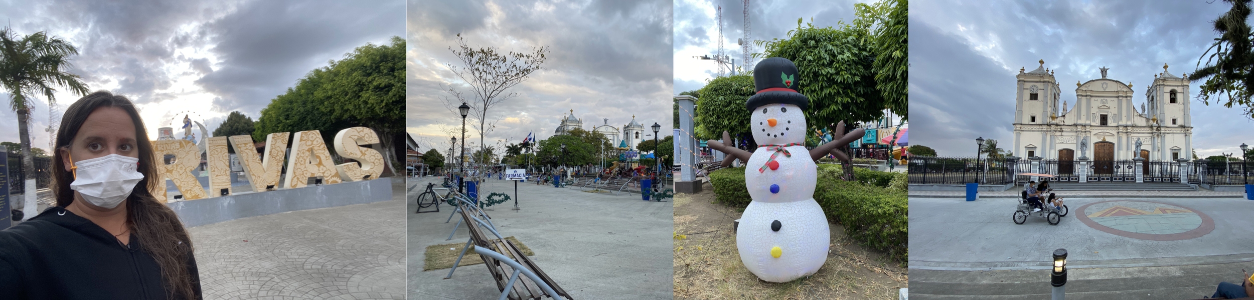 Collage of Rivas Nicaragua featuring the Rivas sign, town square, Christmas snowman decoration, and colonial church at sunset.