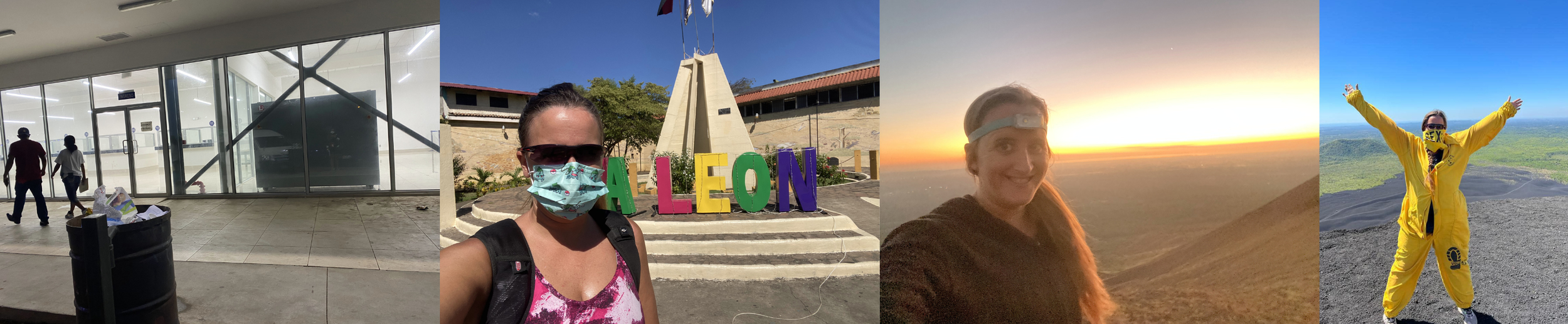 Travel collage showing border crossing, León city sign, sunset at Telica Volcano, and volcano boarding in Nicaragua