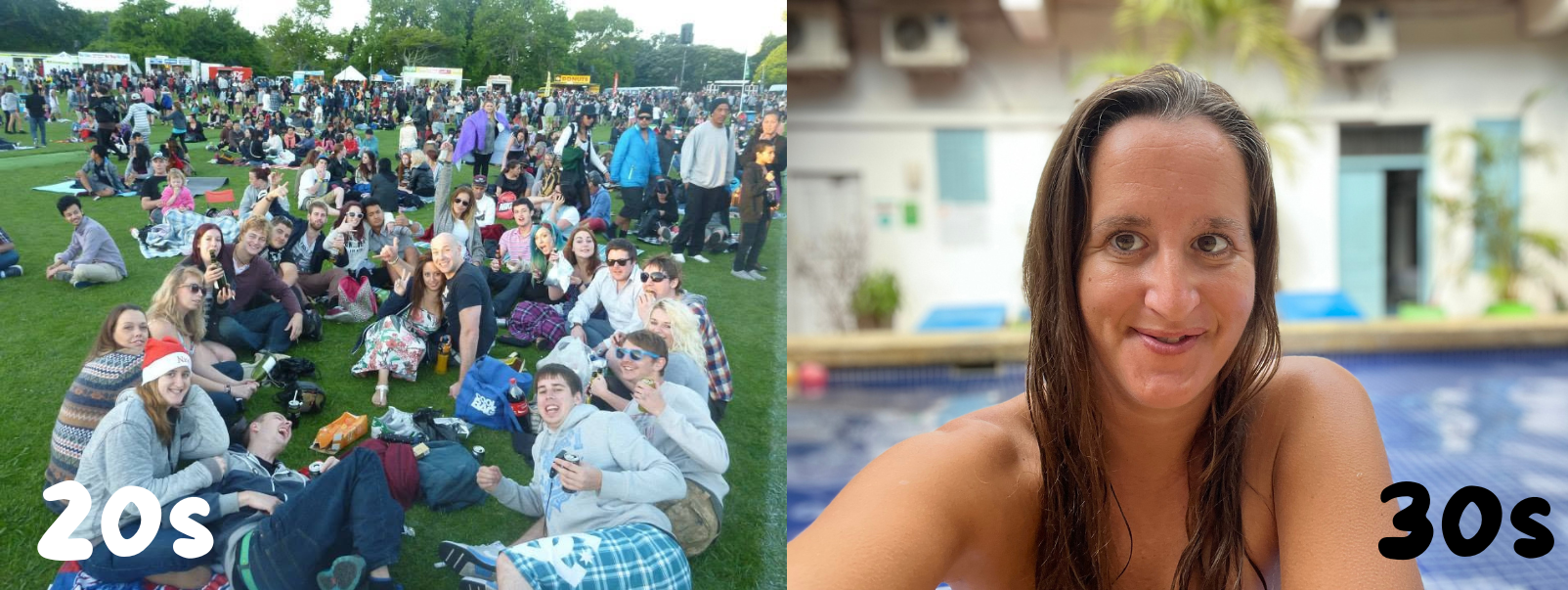 Side-by-side photographs showing a large group of hostel friends at Christmas in the Park in Auckland, labelled “20s,” and a woman sitting in a hostel pool in Santa Marta, labelled “30s.”