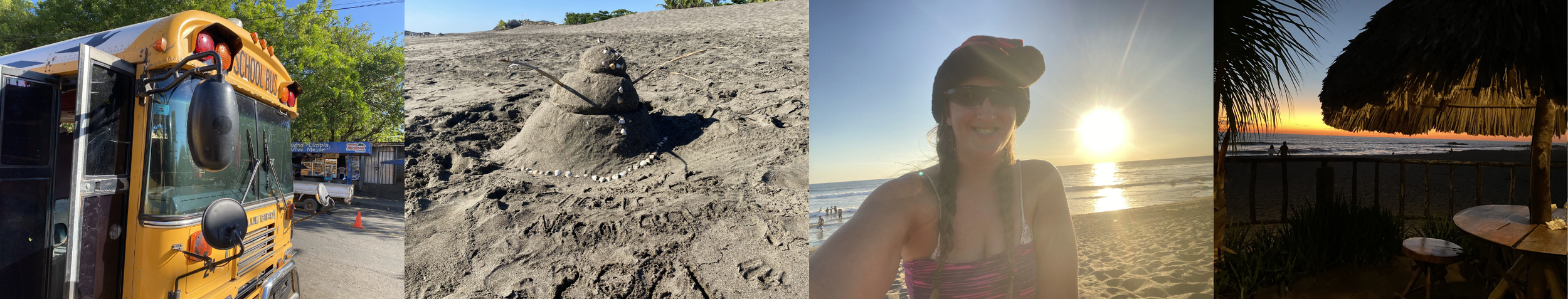Travel collage showing a local bus, sandman on a beach, solo traveler at sunset, and ocean view in Las Peñitas, Nicaragua