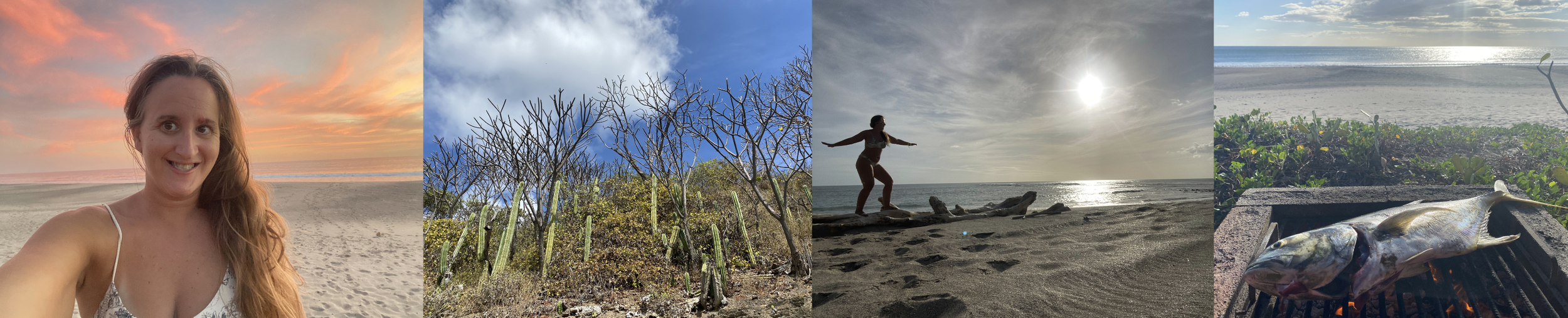 A collage featuring highlights from Popoyo, Nicaragua, including a beach sunset selfie, coastal cactus landscape, exploring the shoreline, and a backpacker beach barbecue with freshly caught fish.