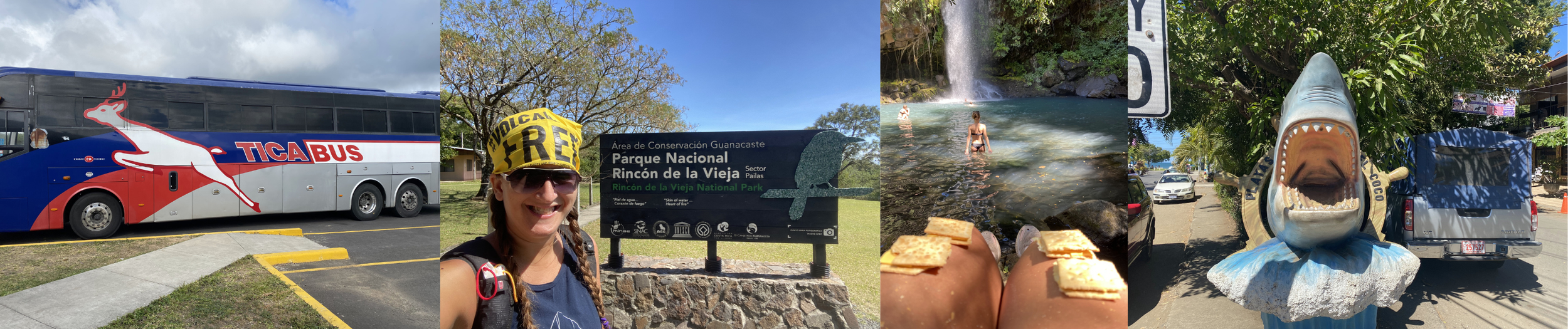 Travel collage featuring a Tica Bus entering Costa Rica, a backpacker at the entrance to Rincón de la Vieja National Park, crackers overlooking a waterfall, and a shark statue in Playa del Coco.