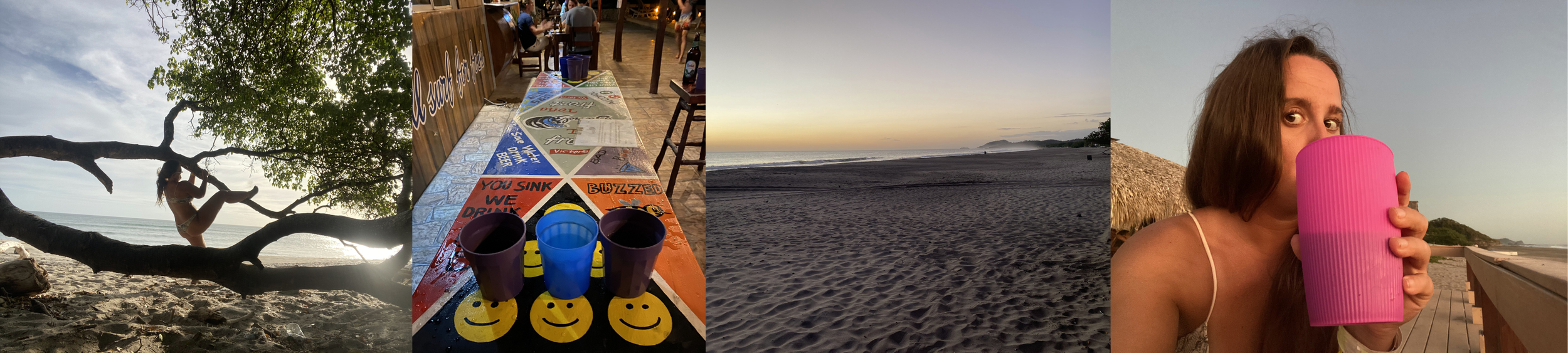 A collage showing highlights from Popoyo, Nicaragua, including climbing a beach tree, hostel drinking games, a peaceful sunset over the beach, and enjoying a drink by the ocean before continuing the journey.