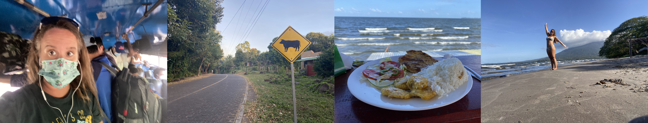 Collage from Ometepe Island in Nicaragua featuring a local bus ride, rural road with cow crossing sign, lakeside meal, and beach view beside a volcano.