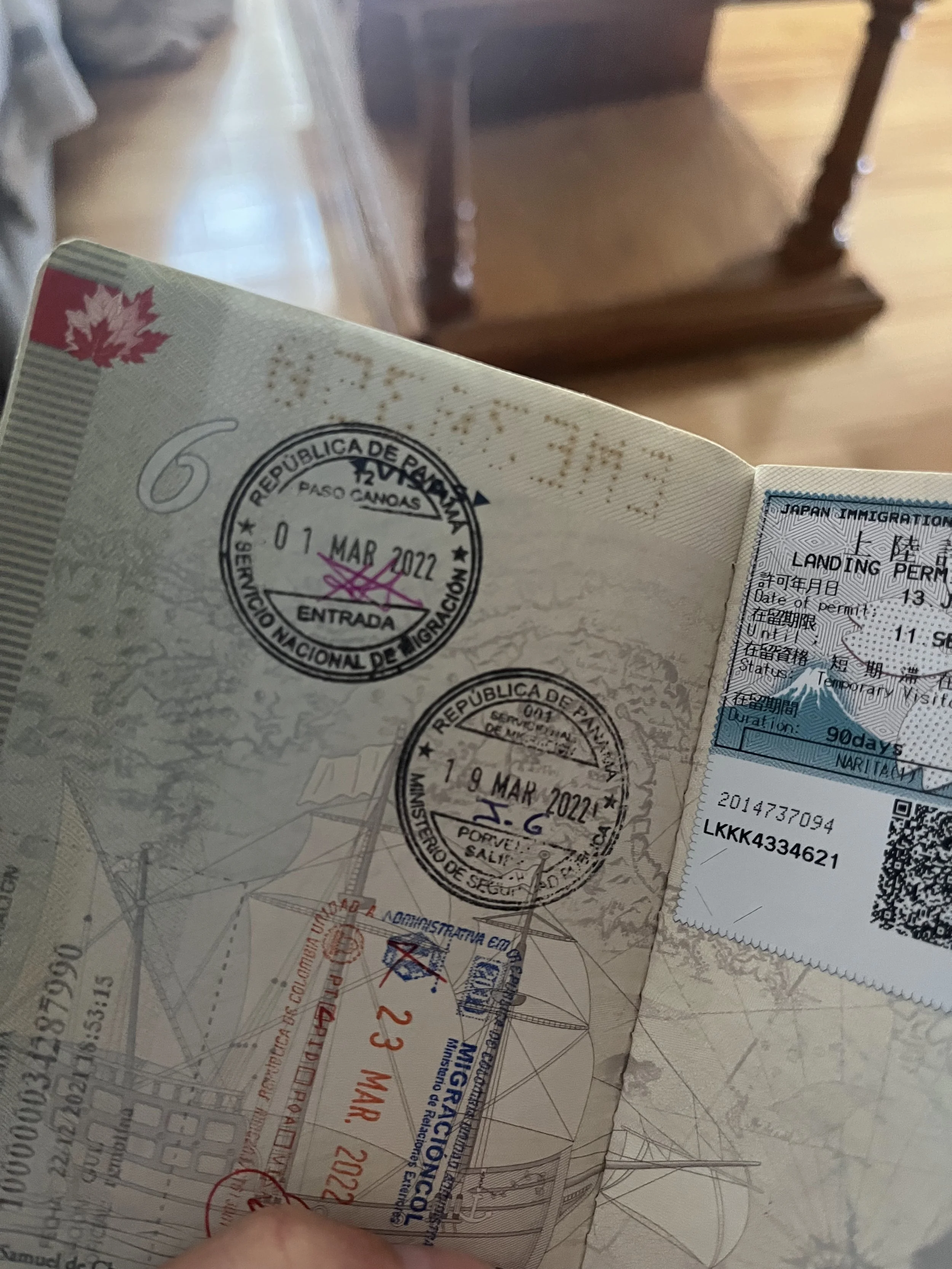 Panama entry stamp in a passport from an overland border crossing.
