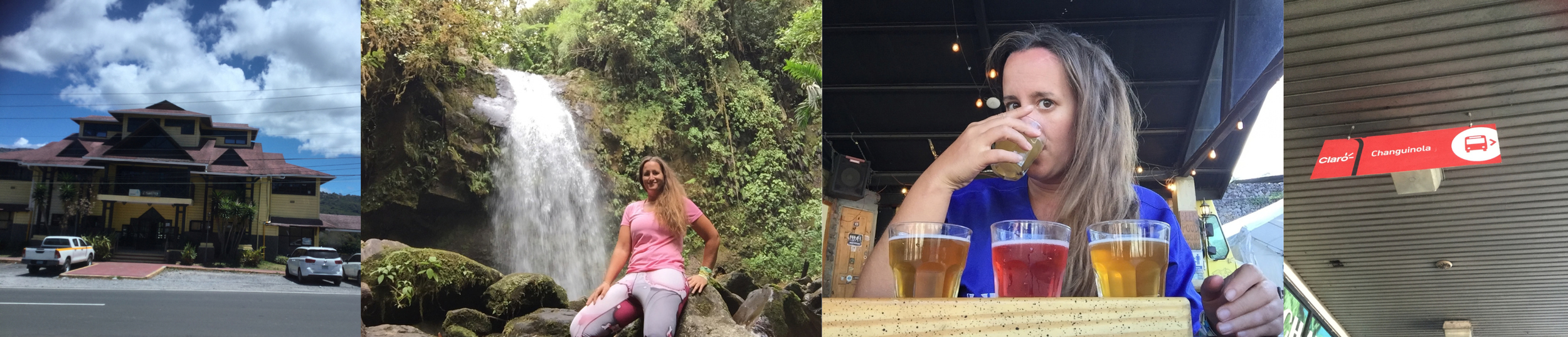 Four-photo collage showing La Casa de Doña Cata Hostel, JD at a waterfall, a beer tasting flight at Boquete Brewing Company and a bus sign for Changuinola.