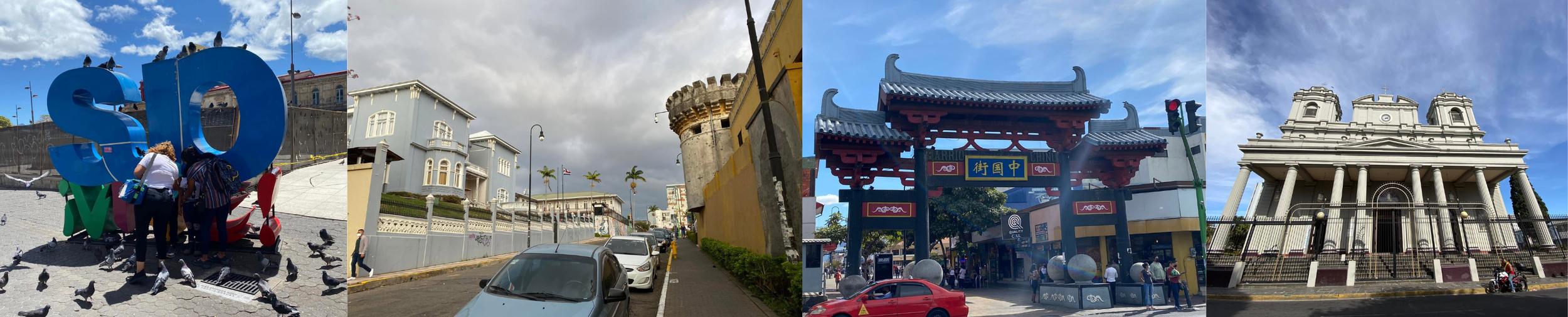 Four-photo collage showing people gathered around the colourful San José sign, Castillo Azul beside an old stone tower, the entrance to Chinatown, and the Metropolitan Cathedral of San José.