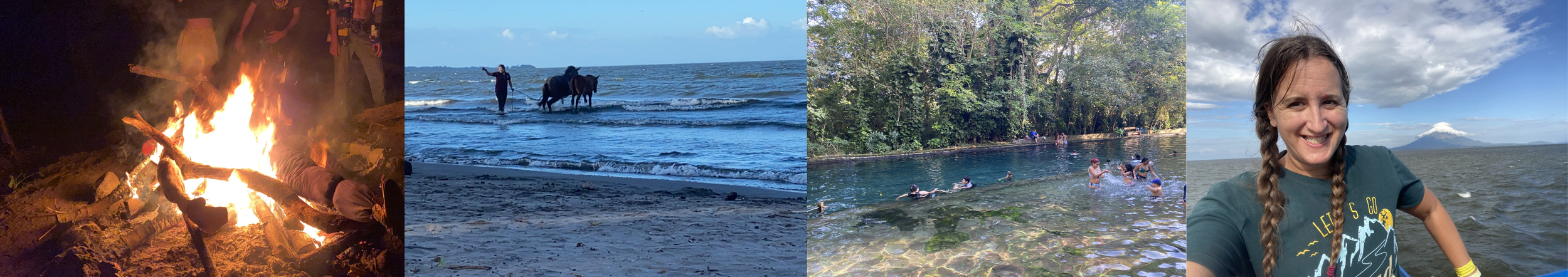 Collage of photos from Ometepe Island in Nicaragua featuring a New Year’s Eve bonfire, lakeside sunsets, Agua swimming spot, and a smiling traveler by the lake.