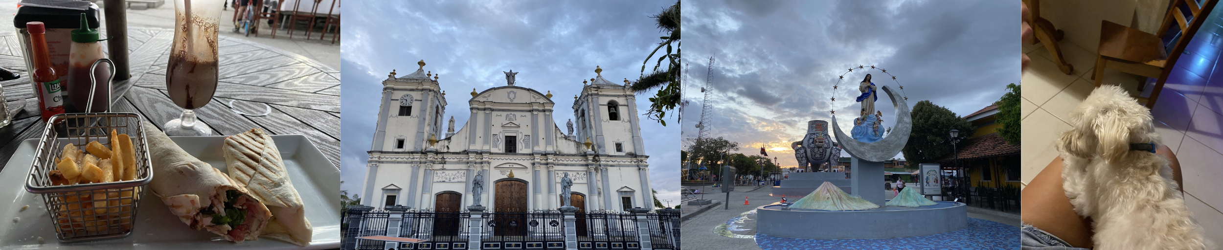 Collage of Rivas Nicaragua featuring a meal, colonial church, town square at sunset, and hostel dog in a simple common area.