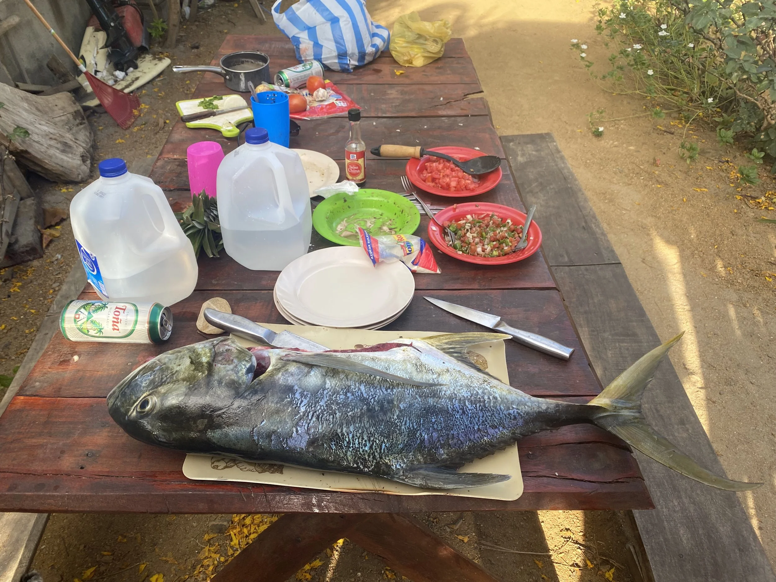 Freshly caught fish on a cutting board beside ingredients, drinks, and cooking supplies as backpackers prepare a beach barbecue in Popoyo, Nicaragua.