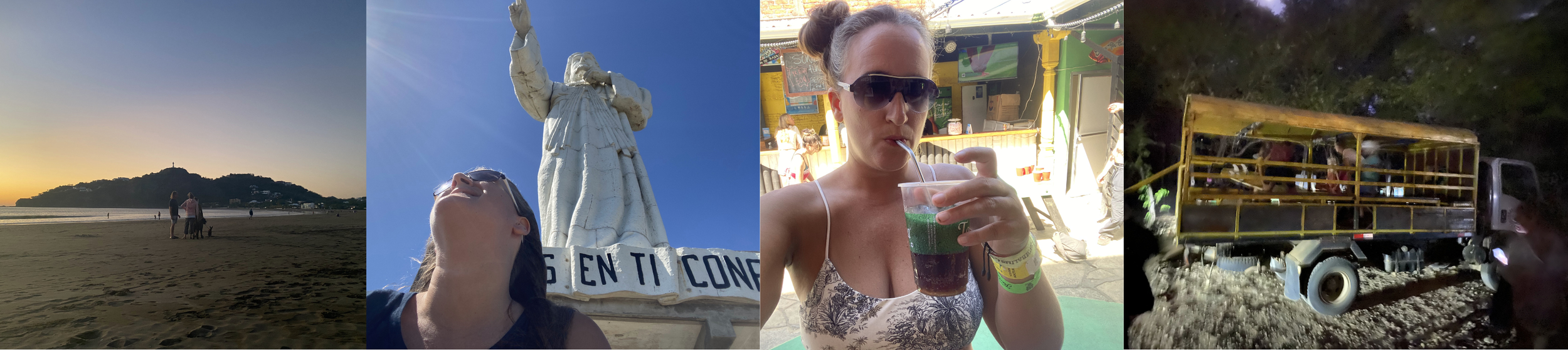 Travel collage featuring San Juan del Sur, Nicaragua, including the beach at sunset, Cristo de la Misericordia, Sunday Funday, and transportation to Playa Hermosa.