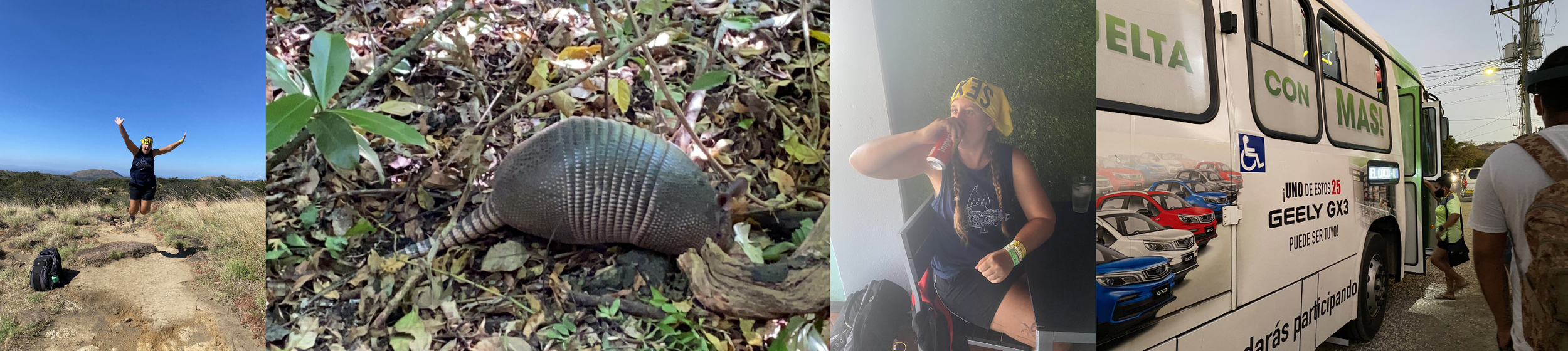 Travel collage featuring a hiker posing in Rincón de la Vieja National Park, an armadillo on the forest floor, a backpacker enjoying a drink after hiking, and a local bus in Playa del Coco, Costa Rica.