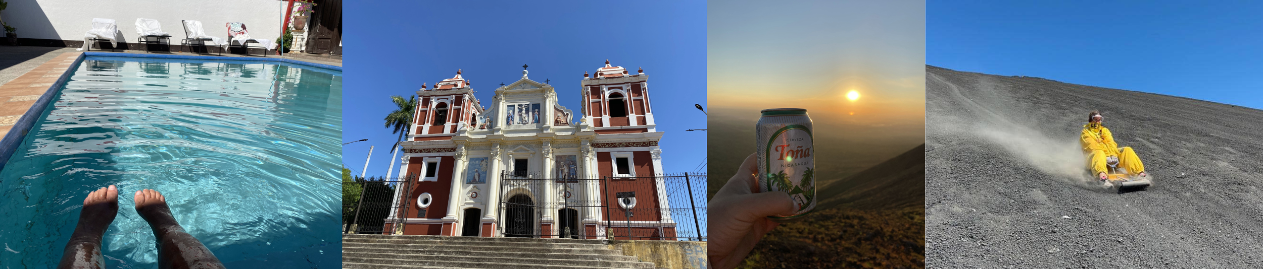 Travel collage showing pool relaxation, León cathedral, volcano sunset, and volcano boarding in Nicaragua