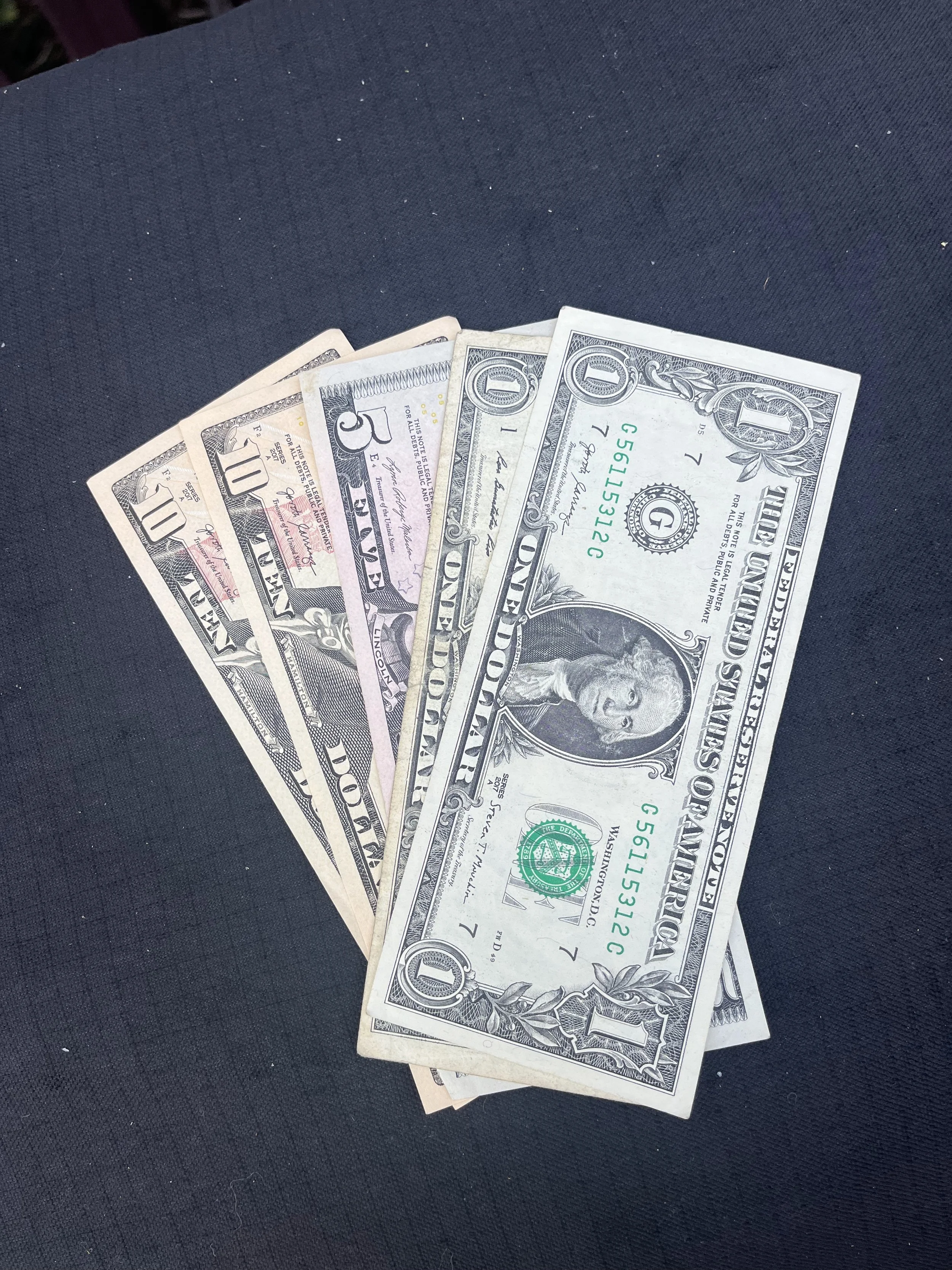 U.S. dollar bills in $1, $5 and $10 denominations used while travelling in Panama.