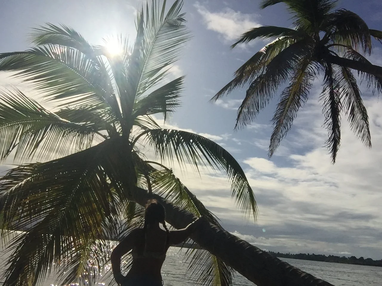 Solo female traveller standing beside a leaning palm tree overlooking the water in Panama.