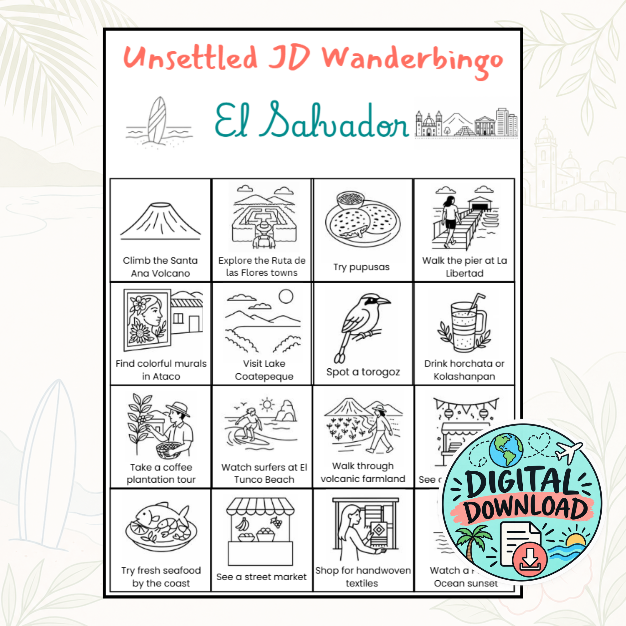 El Salvador Wanderbingo – Printable Travel Bingo
