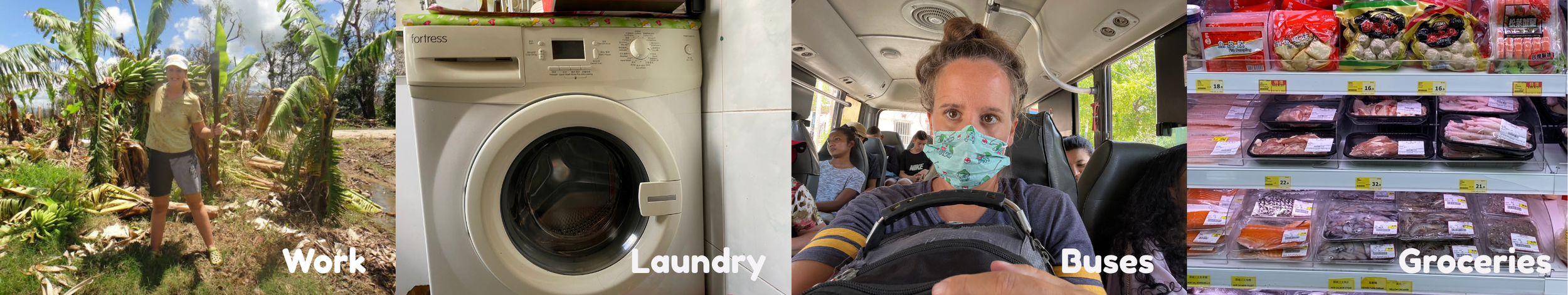 Four-photo collage showing everyday travel life, including volunteering, doing laundry, riding a local bus, and grocery shopping while living and travelling abroad.
