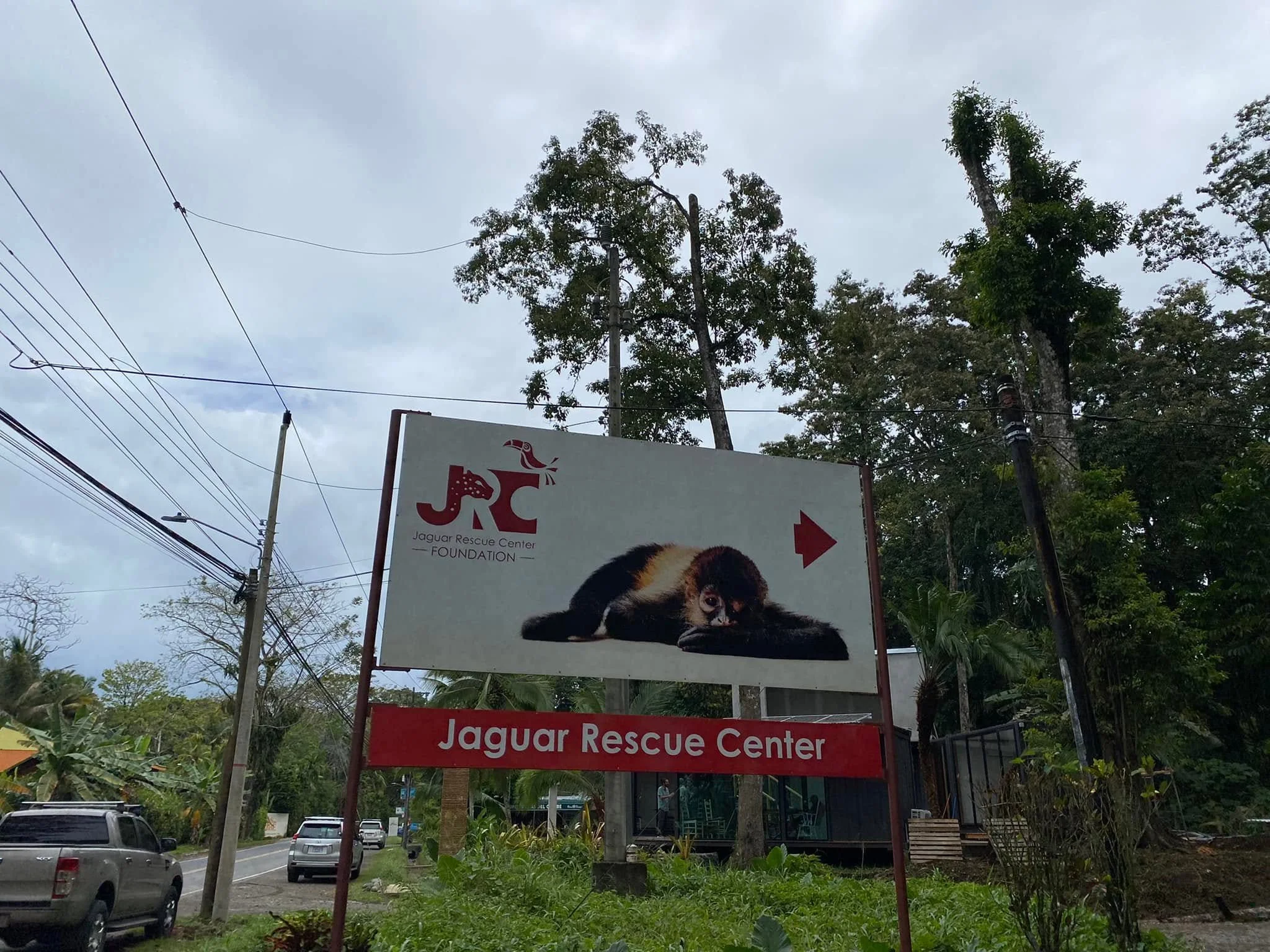 Roadside sign for the Jaguar Rescue Center Foundation near Puerto Viejo, Costa Rica, surrounded by tropical greenery.