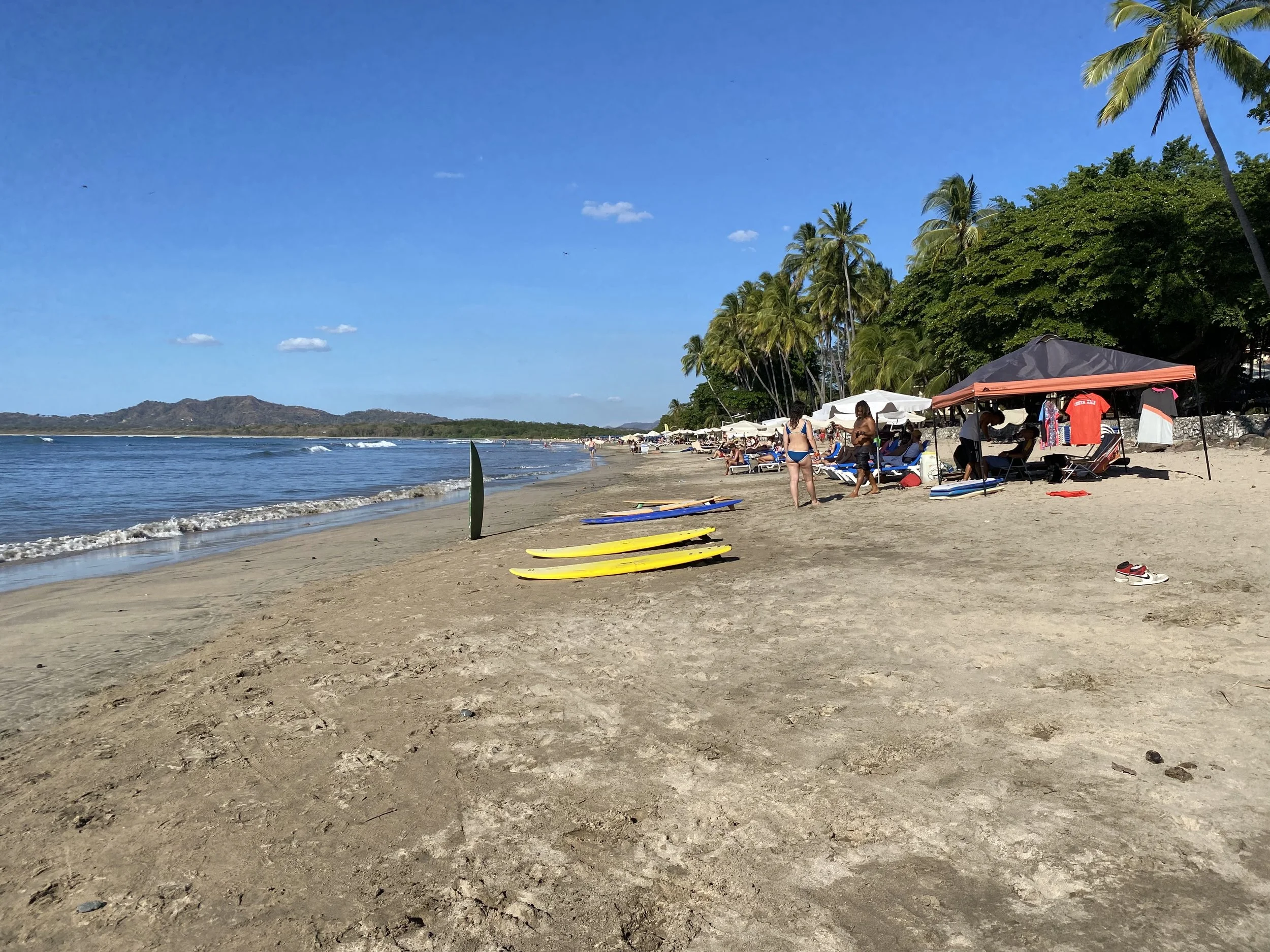 Surfboards resting on the sand at Tamarindo Beach in Costa Rica, with palm trees, beach tents, and gentle waves along the Pacific coastline.