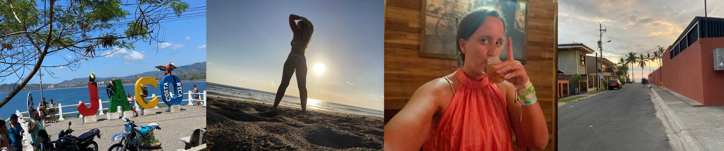 A collage featuring the Jacó sign on Costa Rica's Pacific coast, a sunset on the beach, a traveller enjoying a local craft beer, and a quiet street near the accommodation in Jacó.