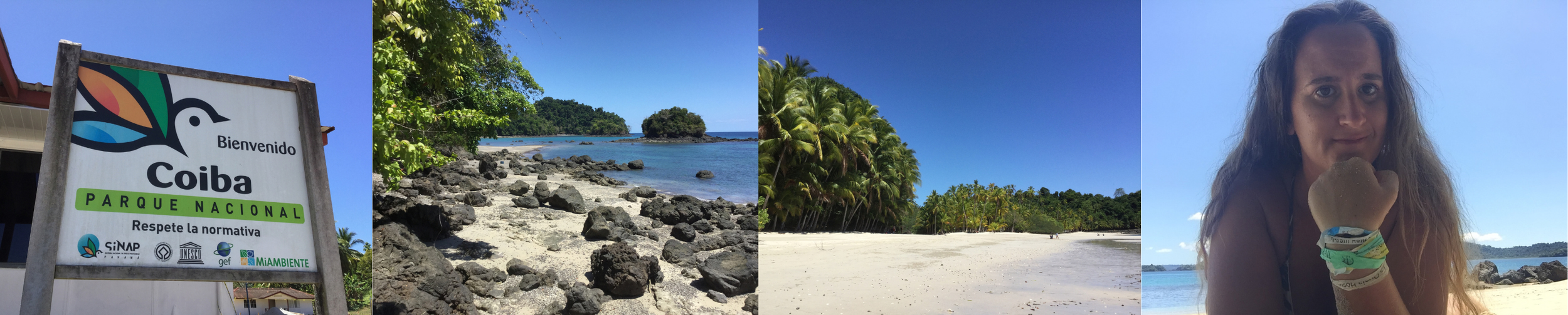 A collage showing the Coiba National Park sign, rocky coastline, palm-lined beach and the author sitting beside the ocean.