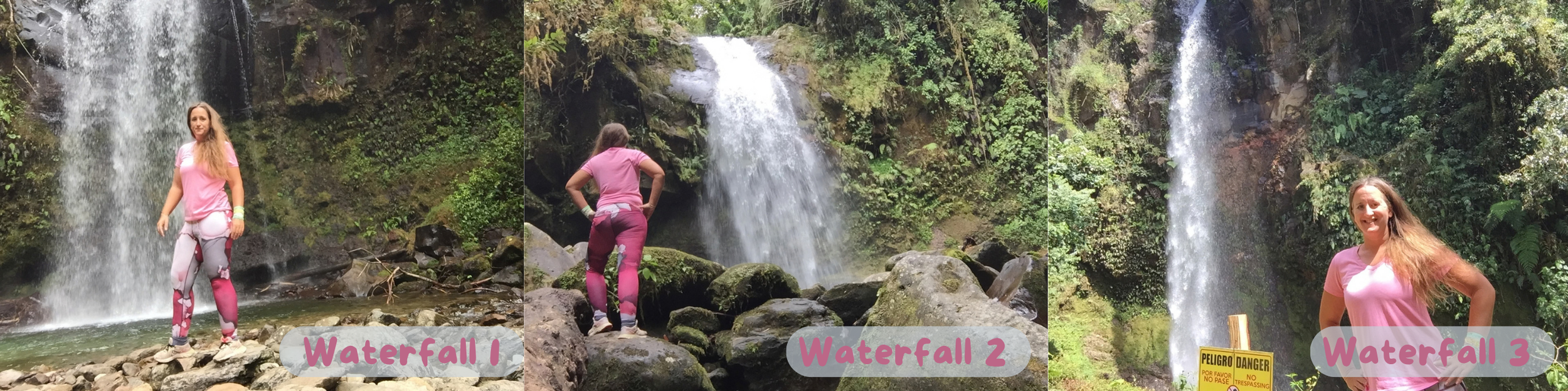 Three photos of me posing beside each of the waterfalls along the Lost Waterfalls Trail in Boquete, Panama.