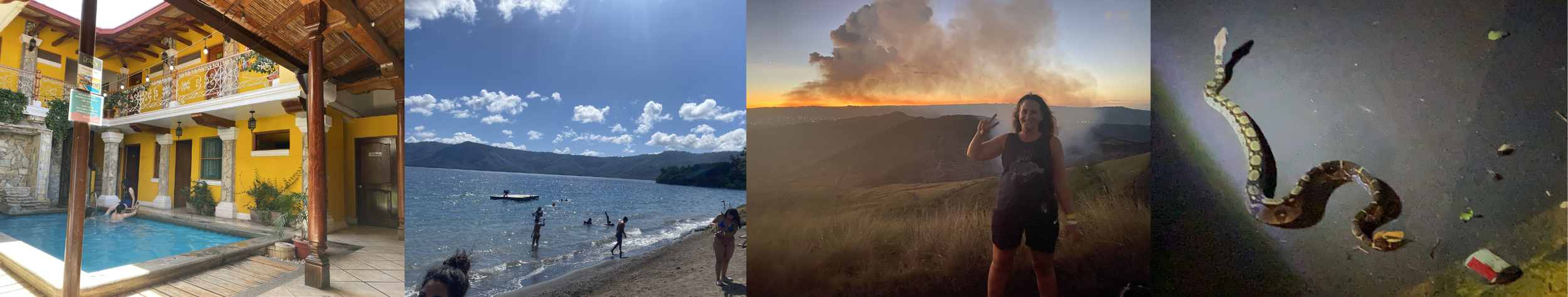 Collage from Granada, Nicaragua featuring a colorful hostel courtyard with a pool, people swimming in Lake Nicaragua, a volcano sunset hike, and a snake crossing the road at night.