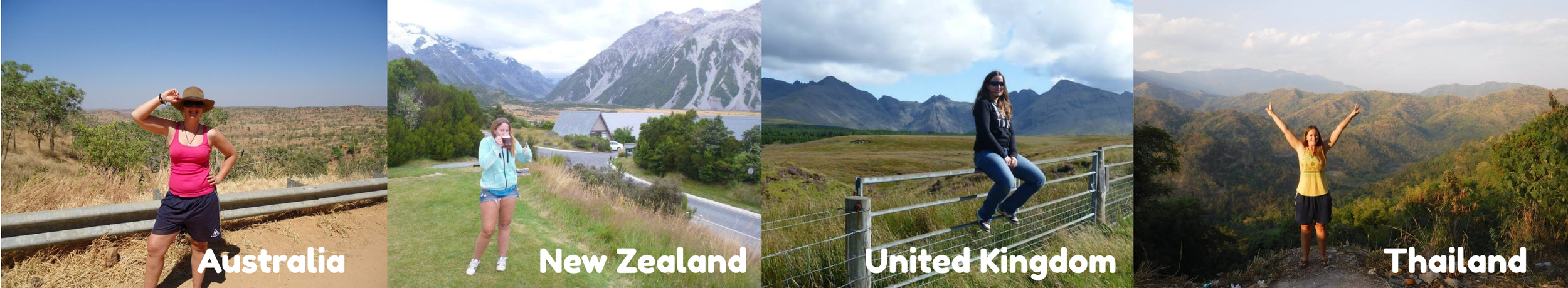 Collage of four travel photos taken in Australia, New Zealand, the United Kingdom, and Thailand during different stages of my journey abroad.
