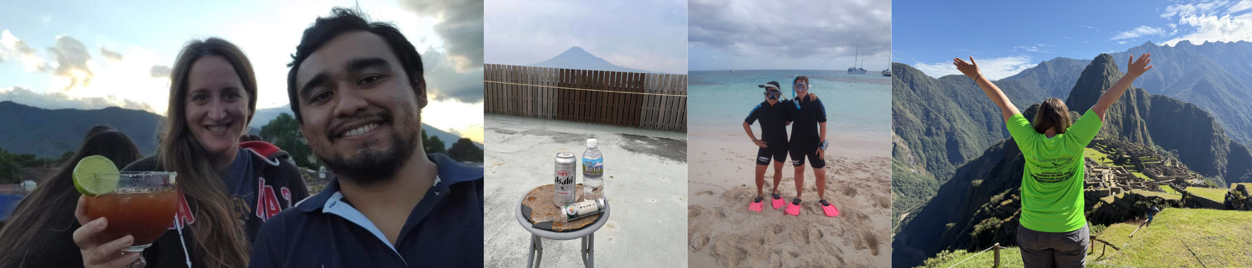Four-photo collage showing meaningful travel memories, including reconnecting with a friend in Guatemala, watching the sunset near Mount Fuji, scuba diving on the Great Barrier Reef, and completing the Inca Trail to Machu Picchu.