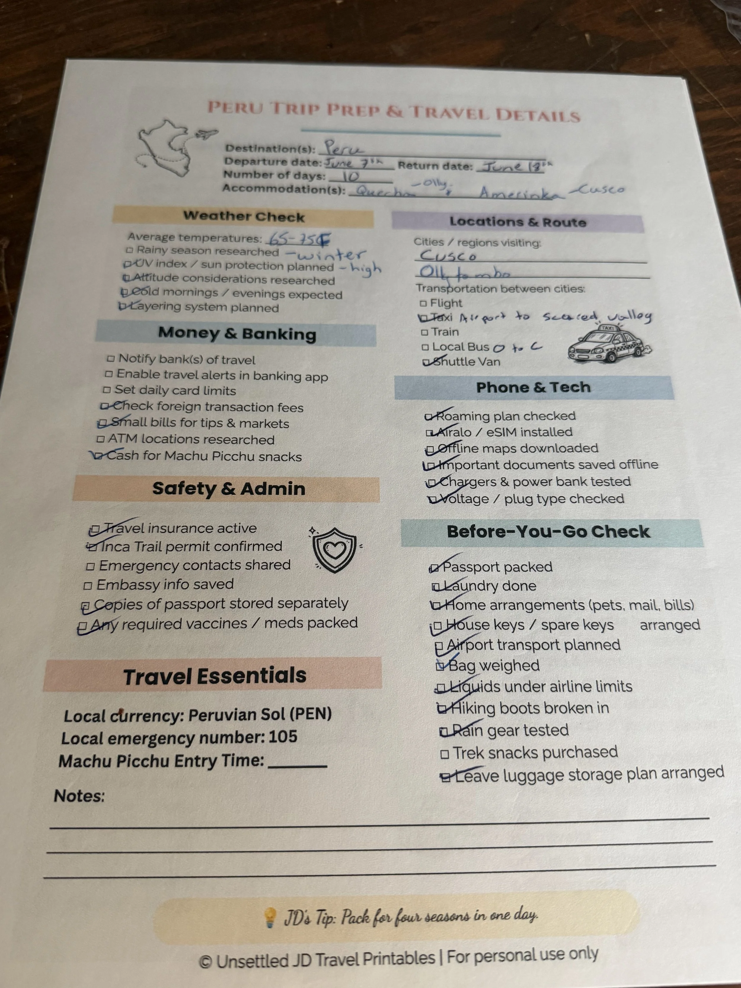 Completed pre-trip travel checklist for Peru with sections for weather, money, transportation, phone and tech, safety, and final travel preparations.