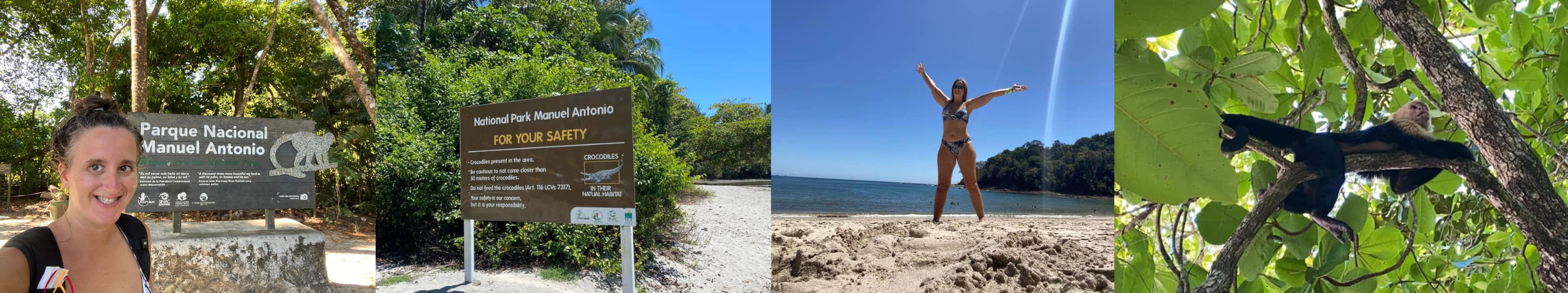 Four-photo collage showing a woman at the Manuel Antonio National Park sign, a crocodile warning sign, a woman posing on the beach, and a white-faced capuchin monkey in a tree.