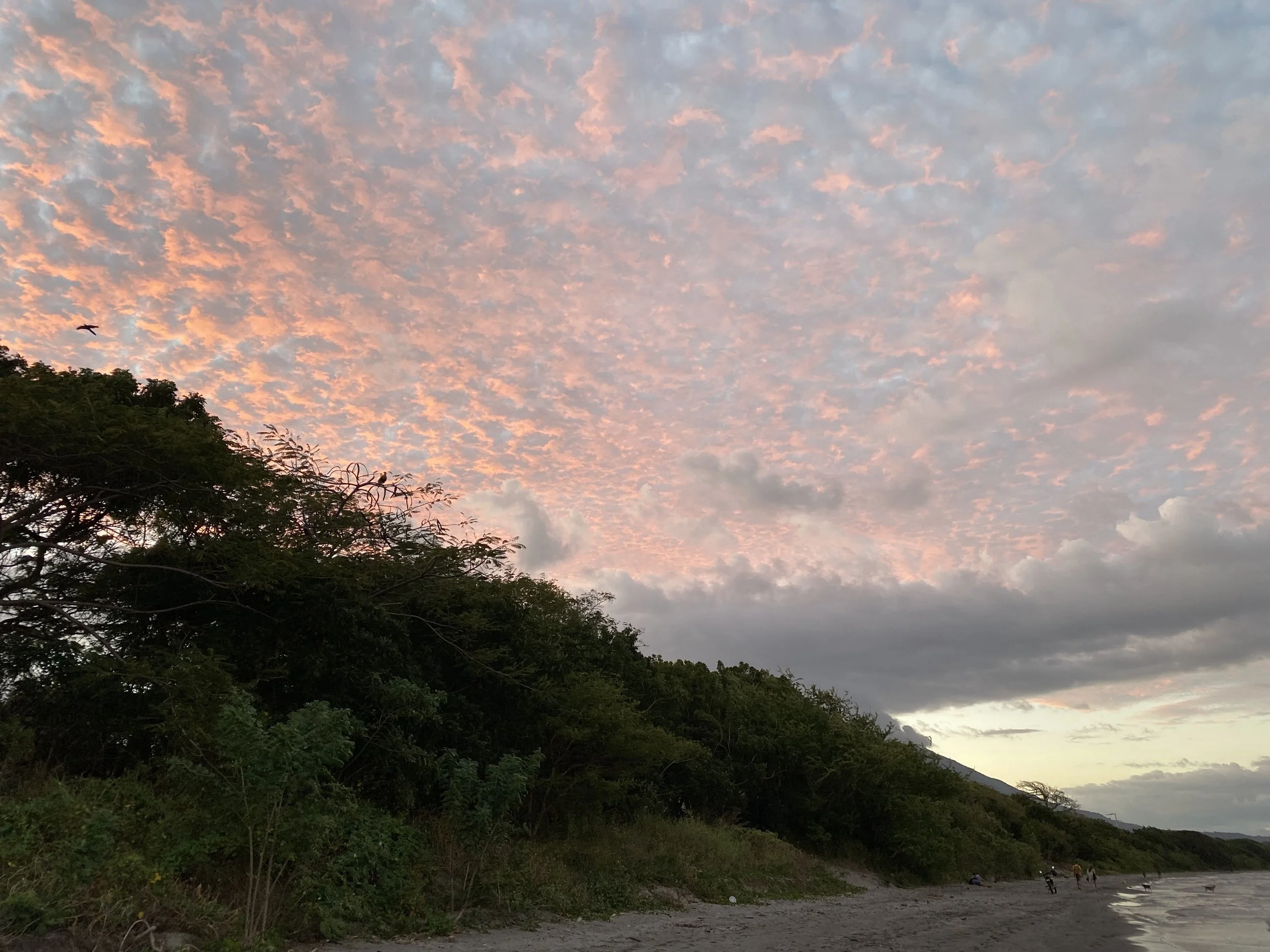Sunset over Lake Nicaragua in Ometepe with colorful clouds and a peaceful beach shoreline