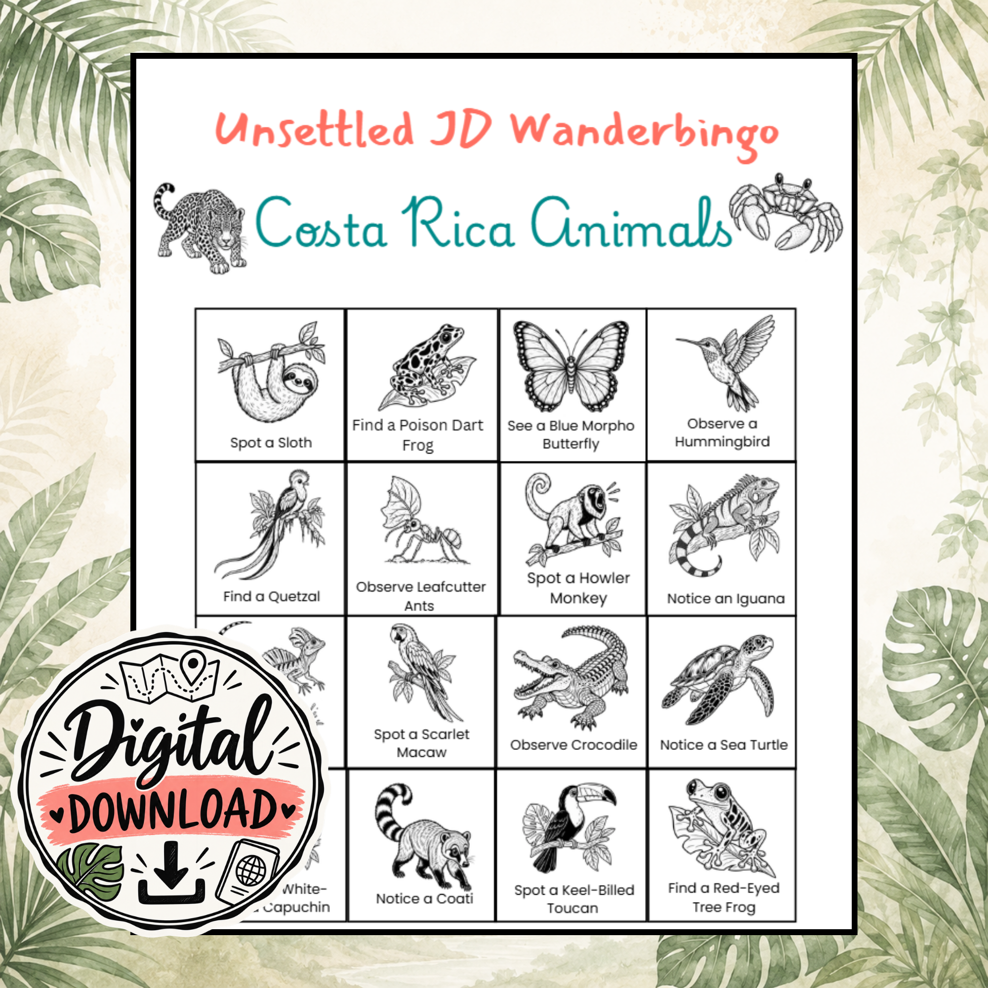 Costa Rica Animals WanderBingo – Printable Wildlife Bingo Card