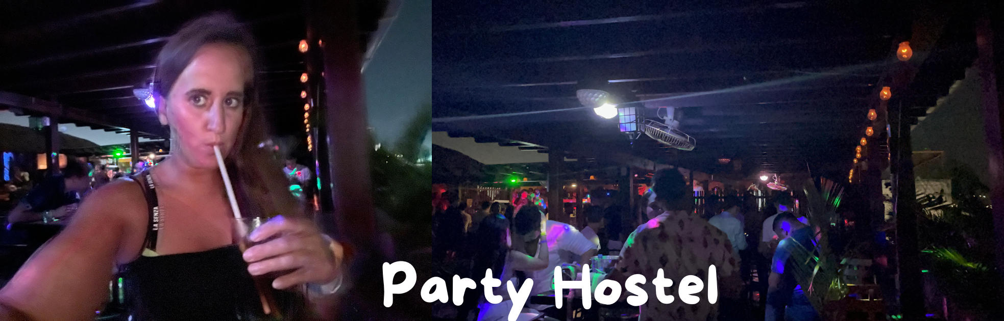 Woman drinking at a crowded party hostel while travellers dance beneath colourful lights in Santa Marta, Colombia.