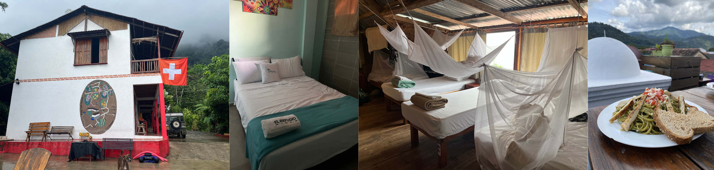 Collage showing a mountain finca in Colombia, a private hostel room, a wooden dorm with mosquito nets and lunch overlooking the rooftops and volcanoes of Antigua, Guatemala.