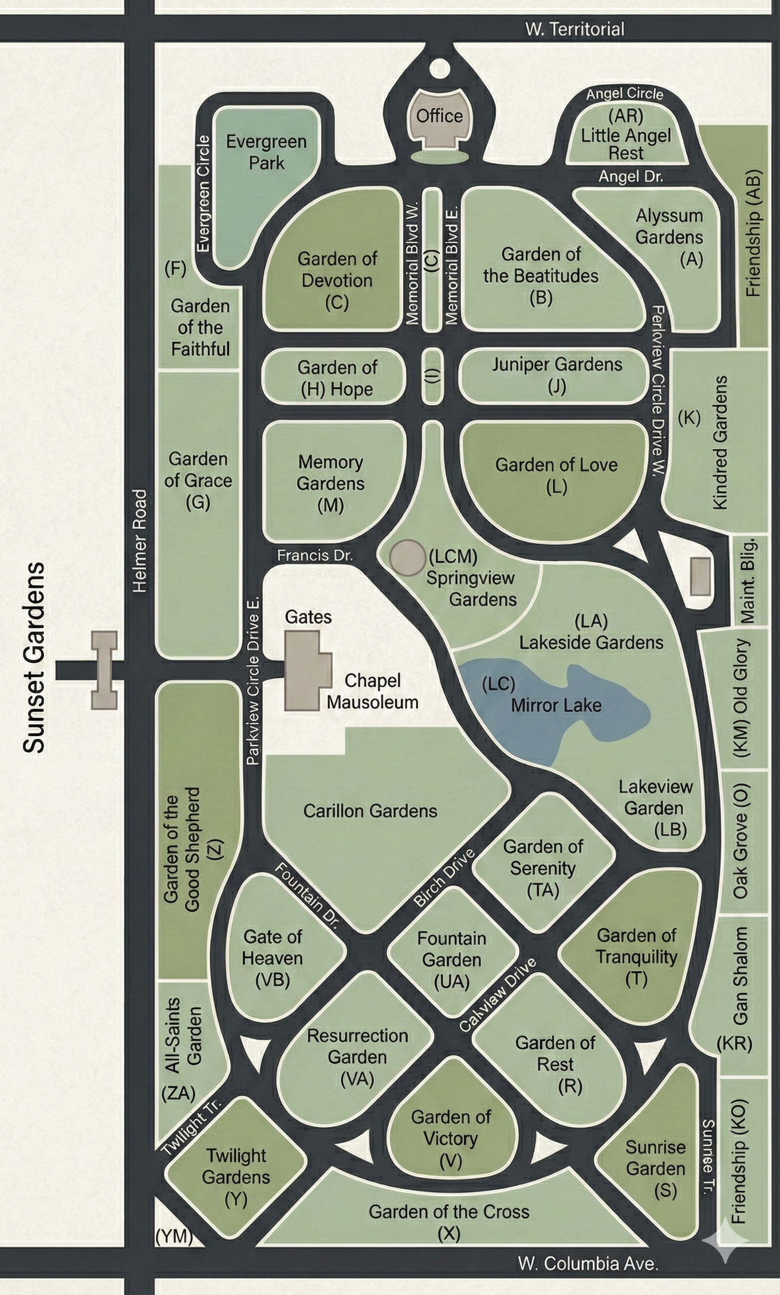 Map of Battle Creek Memorial Park with garden sections and pathways