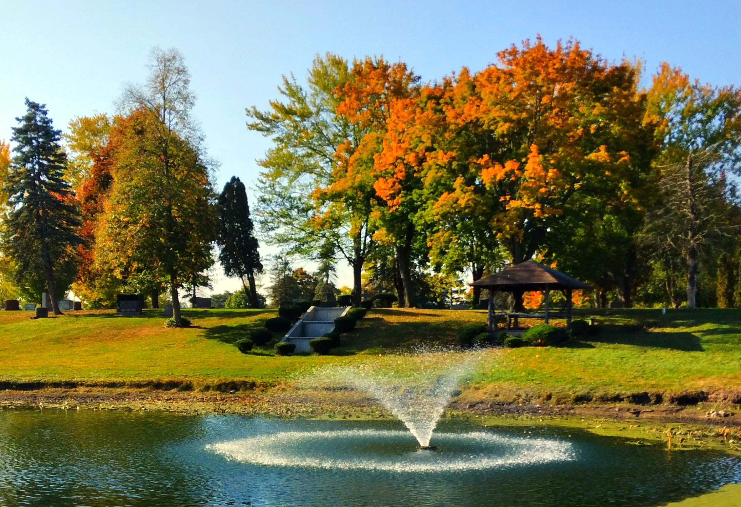 Pond with fountain surrounded by trees at Battle Creek Memorial Park