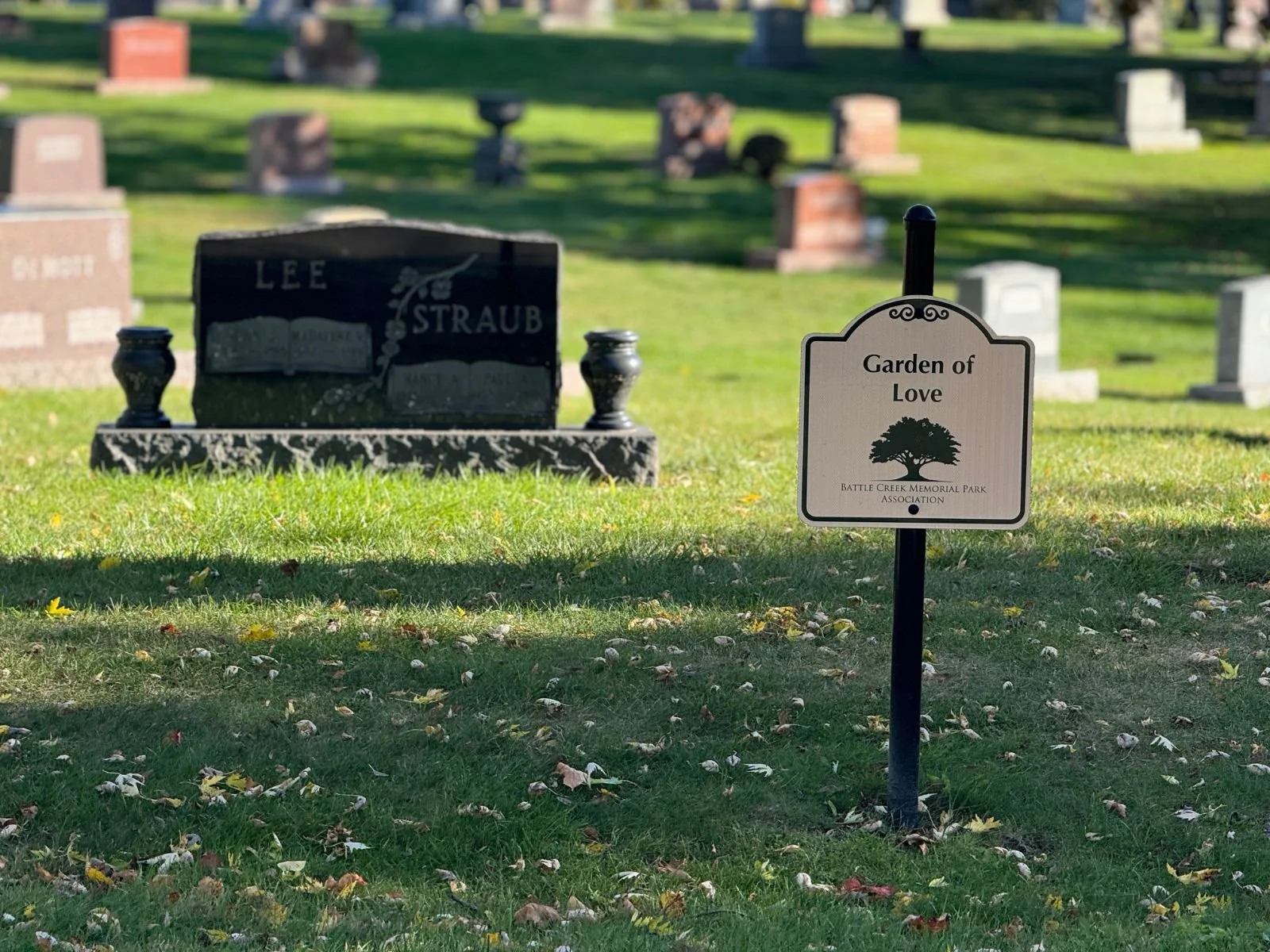Garden of Love section sign in the cemetery grounds