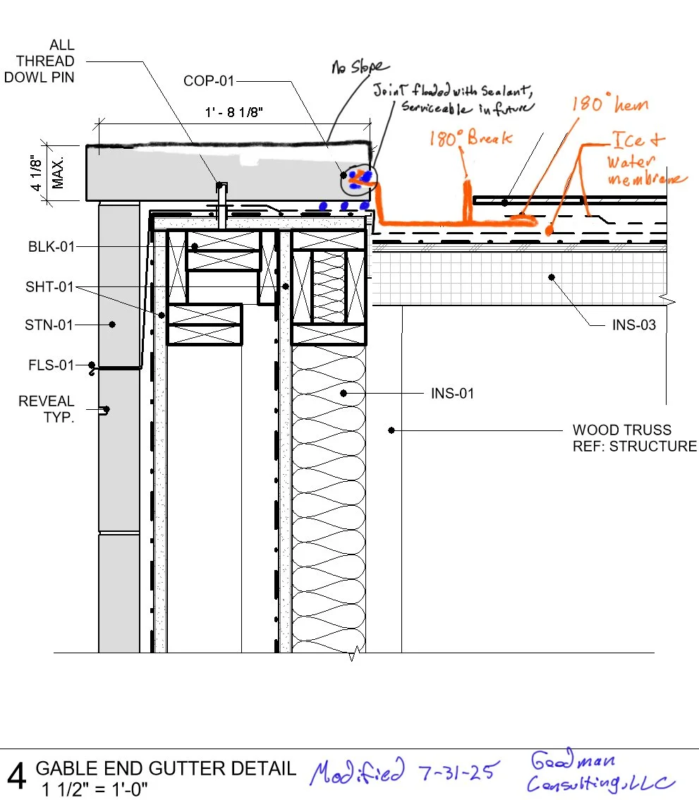 Engineering drawing of gable end gutter detail showing components such as a wood truss, insulation, and metal roofing with annotations for standards and modifications.