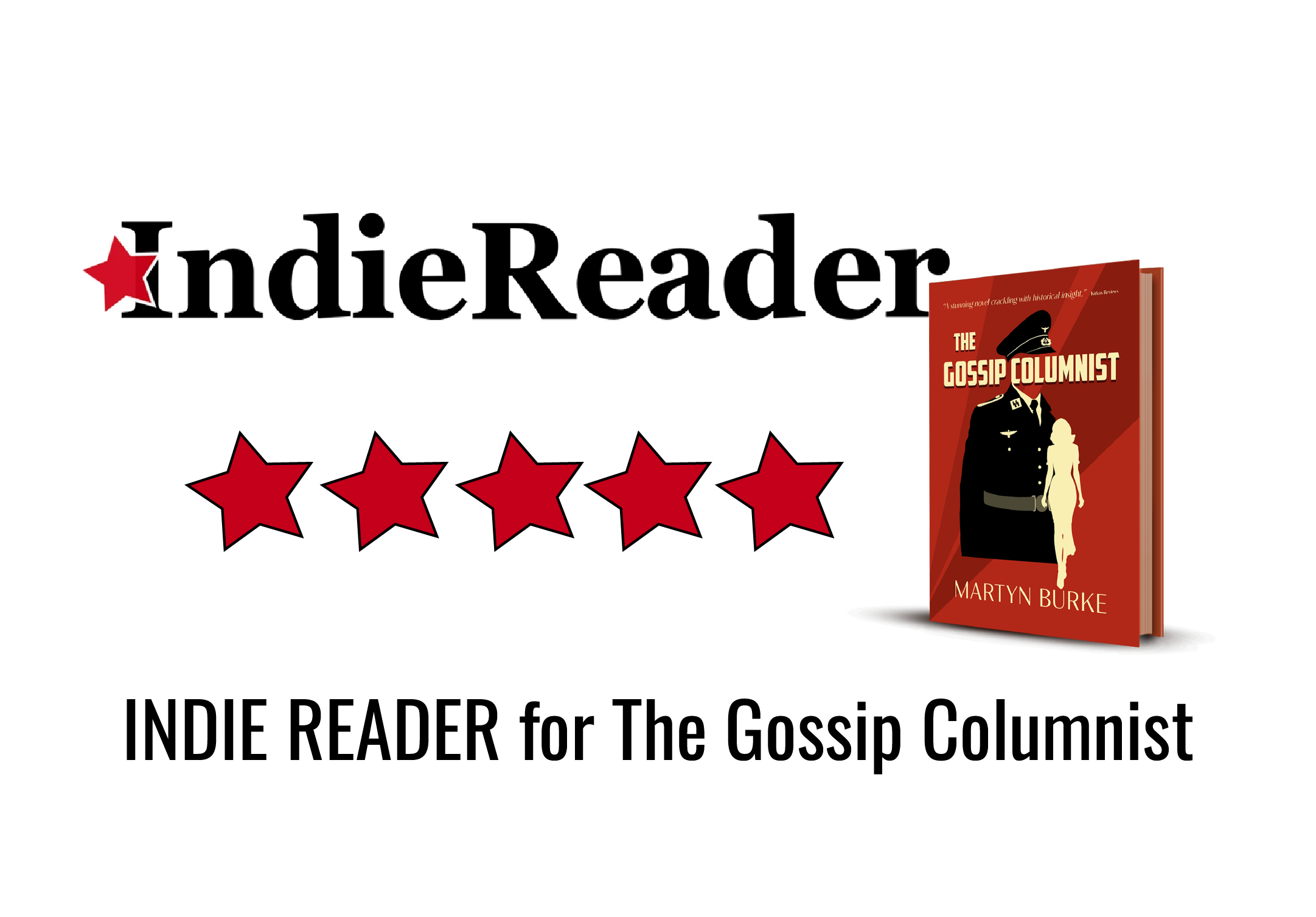 Indie Reader logo with 5 red stars and the book The Gossip Columnist