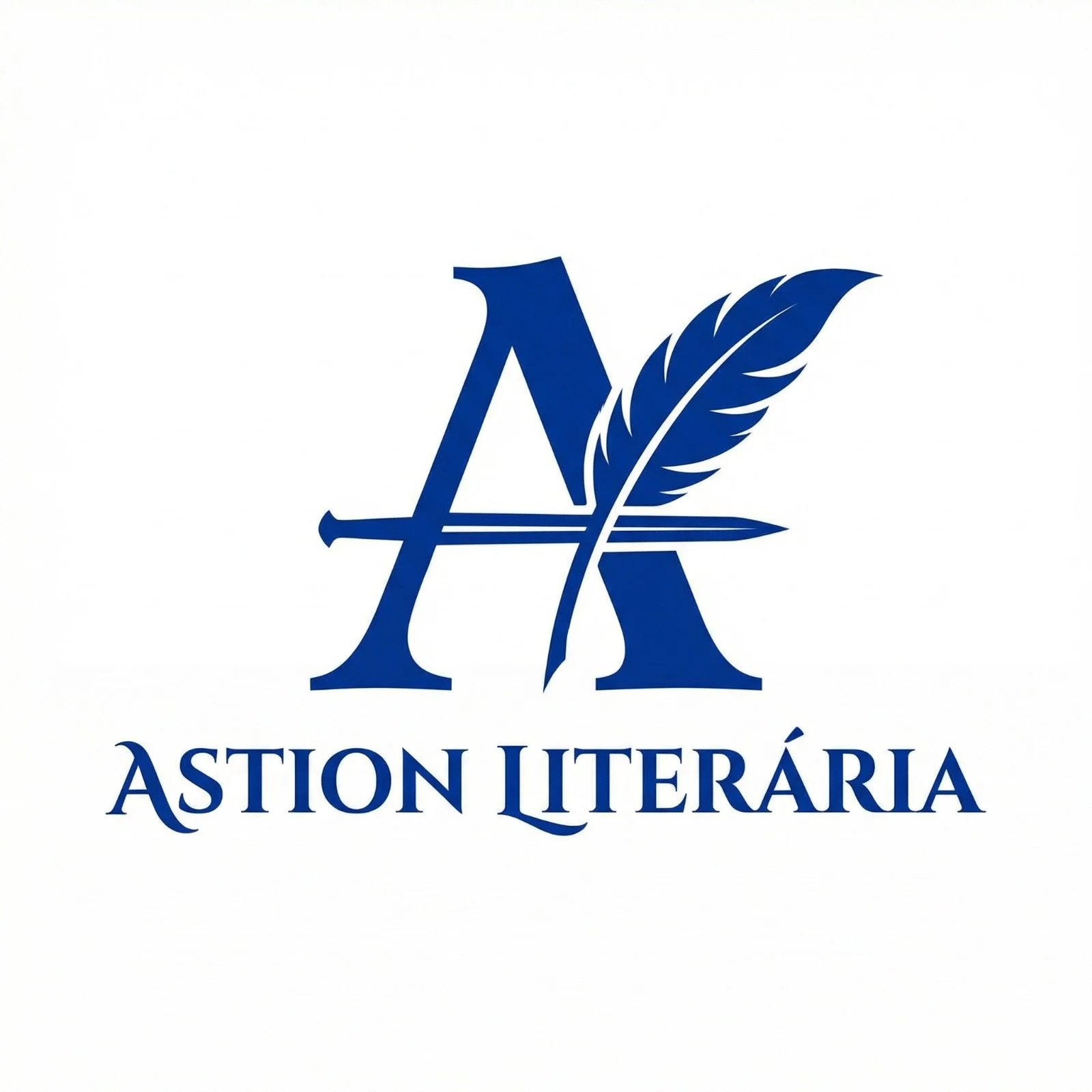 Logotipo azul com uma letra A grande, acompanhada de uma pena e uma régua, com o texto 'Aston Literária' abaixo.